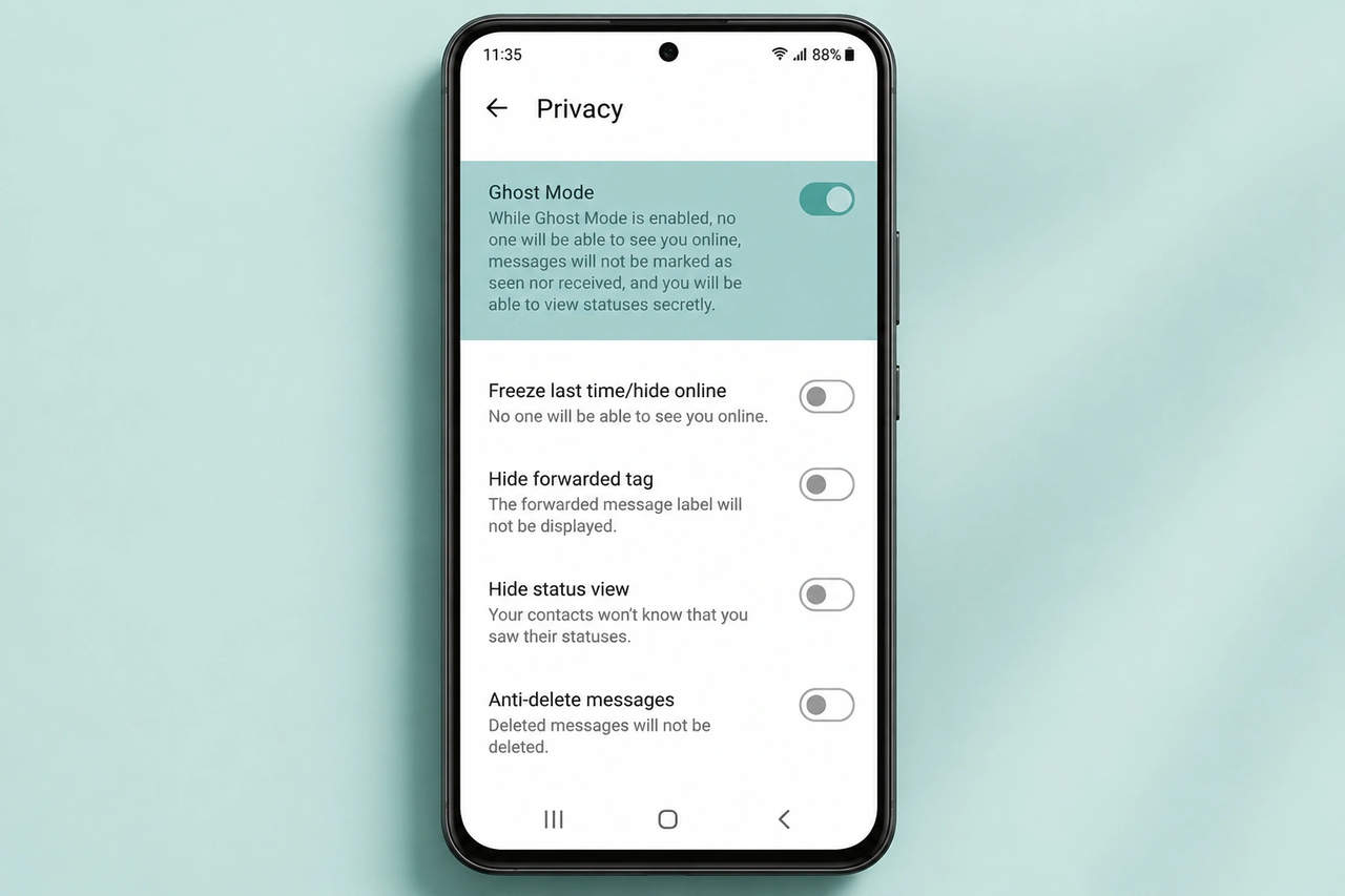 GB WhatsApp Privacy features including Ghost Mode and freeze last seen